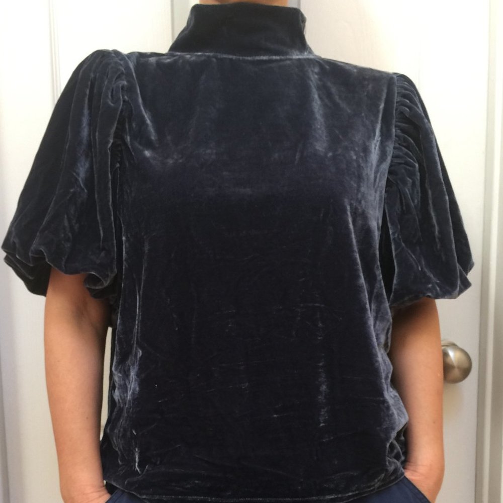 Blue velour top with gathered elbow-length sleeves